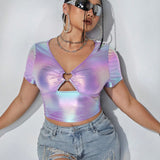 ICON Y2k Concert Plus Size Laser Heart Shaped Metal Accessory Decorated Short Tight T-Shirt With Cup Gathered & Hollow Out Design Suitable For Summer
