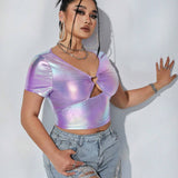 ICON Y2k Concert Plus Size Laser Heart Shaped Metal Accessory Decorated Short Tight T-Shirt With Cup Gathered & Hollow Out Design Suitable For Summer