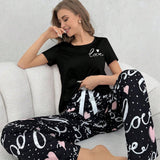 Conjunto De Pijama Para Mujer De Manga Corta Y Pantalon Largo Con Corazon Y Letras Impresas De Amor