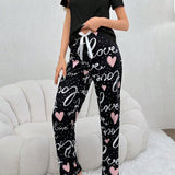 Conjunto De Pijama Para Mujer De Manga Corta Y Pantalon Largo Con Corazon Y Letras Impresas De Amor