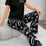 Conjunto De Pijama Para Mujer De Manga Corta Y Pantalon Largo Con Corazon Y Letras Impresas De Amor