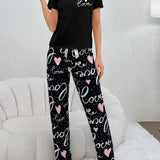 Conjunto De Pijama Para Mujer De Manga Corta Y Pantalon Largo Con Corazon Y Letras Impresas De Amor