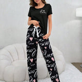 Conjunto De Pijama Para Mujer De Manga Corta Y Pantalon Largo Con Corazon Y Letras Impresas De Amor