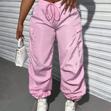 Slayr Pantalones rectos de color rosa para mujer con cinturilla informal con tiras, bolsillos tridimensionales y cordon ajustable. Ideal para verano y trabajo.