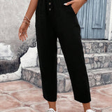 Frenchy Pantalones casuales decorados con botones, longitud 9/10 con bolsillos inclinados y tejido texturizado