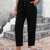 Frenchy Pantalones casuales decorados con botones, longitud 9/10 con bolsillos inclinados y tejido texturizado