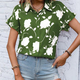 Blusa De Manga Corta Con Estampado Floral Y Dobladillo Irregular Con Volantes Para Mujer