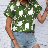 Blusa De Manga Corta Con Estampado Floral Y Dobladillo Irregular Con Volantes Para Mujer