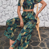 VCAY Conjunto De Blusa Estampada Con Planta Tropical Para Hombros Descubiertos Y Pantalones De Piernas Anchas De Mujer