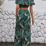 VCAY Conjunto De Blusa Estampada Con Planta Tropical Para Hombros Descubiertos Y Pantalones De Piernas Anchas De Mujer