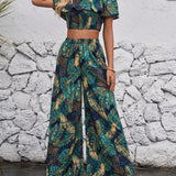 VCAY Conjunto De Blusa Estampada Con Planta Tropical Para Hombros Descubiertos Y Pantalones De Piernas Anchas De Mujer