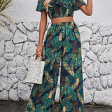 VCAY Conjunto De Blusa Estampada Con Planta Tropical Para Hombros Descubiertos Y Pantalones De Piernas Anchas De Mujer