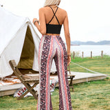 VCAY Conjunto De Dos Piezas Para Mujer, Top Sin Mangas De Punto Con Tirantes Y Pantalones Largos Impresos A La Moda, Ideal Para Vacaciones Y Festivales De Musica De Verano