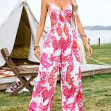 VCAY Music Festival Vacation Style Women's Full Printed Cut Out Waist Tie Back Jumpsuit For Spring/Summer