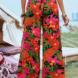 VCAY Pantalones Estampados De Plantas Tropicales Con Cintura Atada Para Mujer En Verano