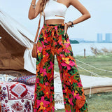 VCAY Pantalones Estampados De Plantas Tropicales Con Cintura Atada Para Mujer En Verano