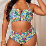 Swim Curve Conjunto De Bikini Con Estampado Floral Para Mujeres De Talla Grande Con Diseno De Ribete Con Volantes, Conjunto De Traje De Bano Para Playa En Verano