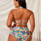 Swim Curve Conjunto De Bikini Con Estampado Floral Para Mujeres De Talla Grande Con Diseno De Ribete Con Volantes, Conjunto De Traje De Bano Para Playa En Verano