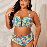 Swim Curve Conjunto De Bikini Con Estampado Floral Para Mujeres De Talla Grande Con Diseno De Ribete Con Volantes, Conjunto De Traje De Bano Para Playa En Verano