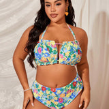 Swim Curve Conjunto De Bikini Con Estampado Floral Para Mujeres De Talla Grande Con Diseno De Ribete Con Volantes, Conjunto De Traje De Bano Para Playa En Verano