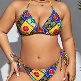 Swim Vcay Traje De Bano De Talla Grande De 3 Piezas Con Cuello Halter, Con Flecos Impresos Y Falda Cubierta, Traje De Bano De Bikini Para La Playa, El Festival De Musica Y El Verano