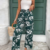 Frenchy Pantalones De Pierna Ancha Con Cintura Alta Y Cinturon De Bolsa De Papel Con Estampado Completo De Flores