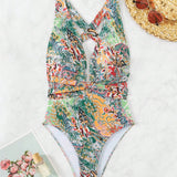 Swim Traje De Bano De Una Pieza Para Mujeres Con Estampado Floral, Cuello Profundo En V, Espalda Descubierta Y Cruzada