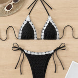 Swim Mod Conjunto de bikini para mujer con cuello halter, bloque de color, espalda abierta para verano en la playa