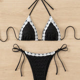 Swim Mod Conjunto de bikini para mujer con cuello halter, bloque de color, espalda abierta para verano en la playa