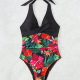 Swim Traje De Bano De Una Pieza Con Estampado Tropical Y Tirantes Estilo Cruzado Para Mujer