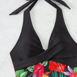 Swim Traje De Bano De Una Pieza Con Estampado Tropical Y Tirantes Estilo Cruzado Para Mujer