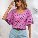 Blusa Con Estampado De Lunares, Cuello En V Y Mangas Con Volantes