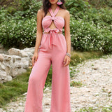 Anewsta Solid Color Hollow Out Tie Back Halter Neck Jumpsuit