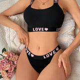 Conjunto De Sujetador Y Braguita Inalambricos Para Mujeres Con Impresion De Letra Y Corazon, Estilo Deportivo Casual Y Comodo