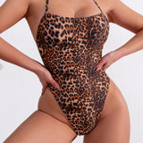 Swim Traje De Bano De Una Pieza De Corte Alto Con Estampado De Leopardo