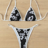 Swim Conjunto de bikini estampado tropical con detalle de contraste para playa de verano