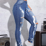ICON Jeans Ajustado Sexy Y Desgarrado Para Mujer En Estilo Callejero Y Grunge De La Epoca Y2k, Para Usar En Conciertos, Vacaciones De Primavera, Etc., De Color Azul.