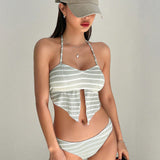 DAZY Conjunto de tankini a rayas con tirantes al cuello