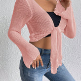 Essnce Cardigan Para Mujer Con Mangas De Campana, Color Solido Y Cierre Delantero Con Lazo