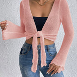 Essnce Cardigan Para Mujer Con Mangas De Campana, Color Solido Y Cierre Delantero Con Lazo