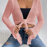 Essnce Cardigan Para Mujer Con Mangas De Campana, Color Solido Y Cierre Delantero Con Lazo