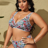 Swim Vcay Conjunto de sujetador y bikini de talla grande con estampado floral y escote en V para playa de verano