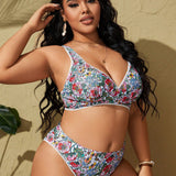 Swim Vcay Conjunto de sujetador y bikini de talla grande con estampado floral y escote en V para playa de verano