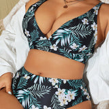 Swim Curve Conjunto de traje de bano de talla grande con estampado tropical y escote en V para playa y verano