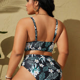 Swim Curve Conjunto de traje de bano de talla grande con estampado tropical y escote en V para playa y verano