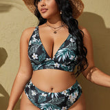 Swim Curve Conjunto de traje de bano de talla grande con estampado tropical y escote en V para playa y verano