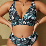 Swim Curve Conjunto de traje de bano de talla grande con estampado tropical y escote en V para playa y verano