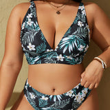 Swim Curve Conjunto de traje de bano de talla grande con estampado tropical y escote en V para playa y verano