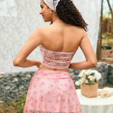 WYWH Conjunto De Top Y Falda Sin Tirantes Bordados Florales Para Mujeres