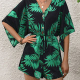 VCAY Tropical Printed Batwing Sleeve Jumpsuit With Belt